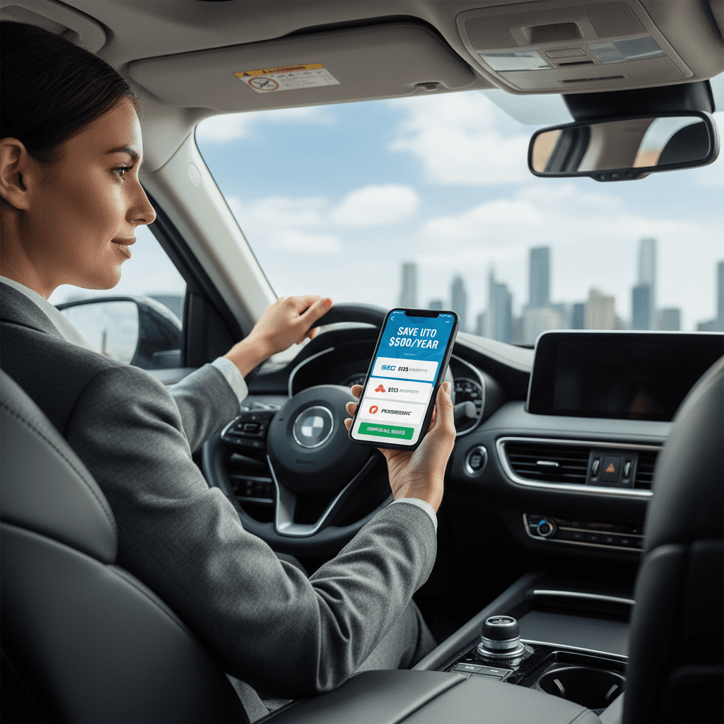 Driver comparing car insurance quotes on phone