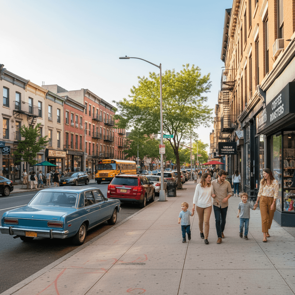 Brooklyn family walking past parked cars on busy commercial street