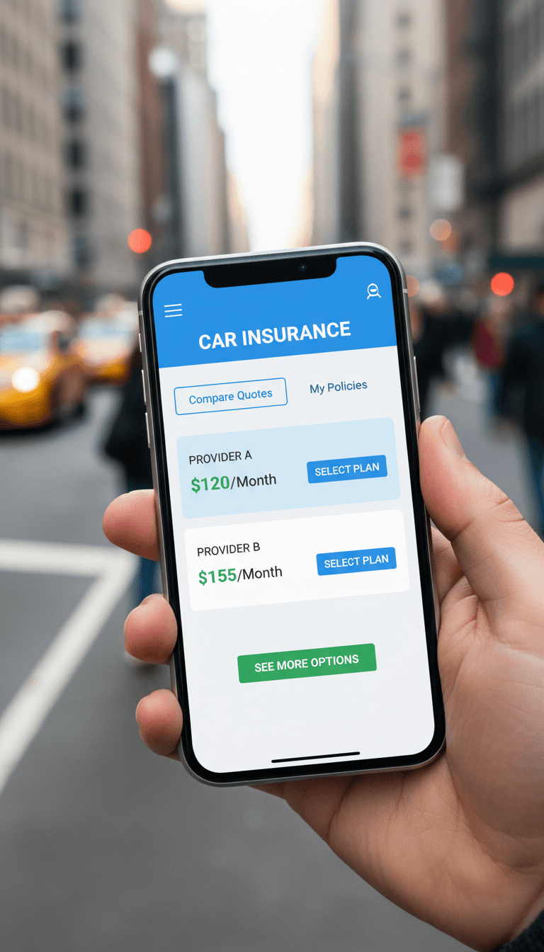 Mobile phone showing car insurance quote comparison app