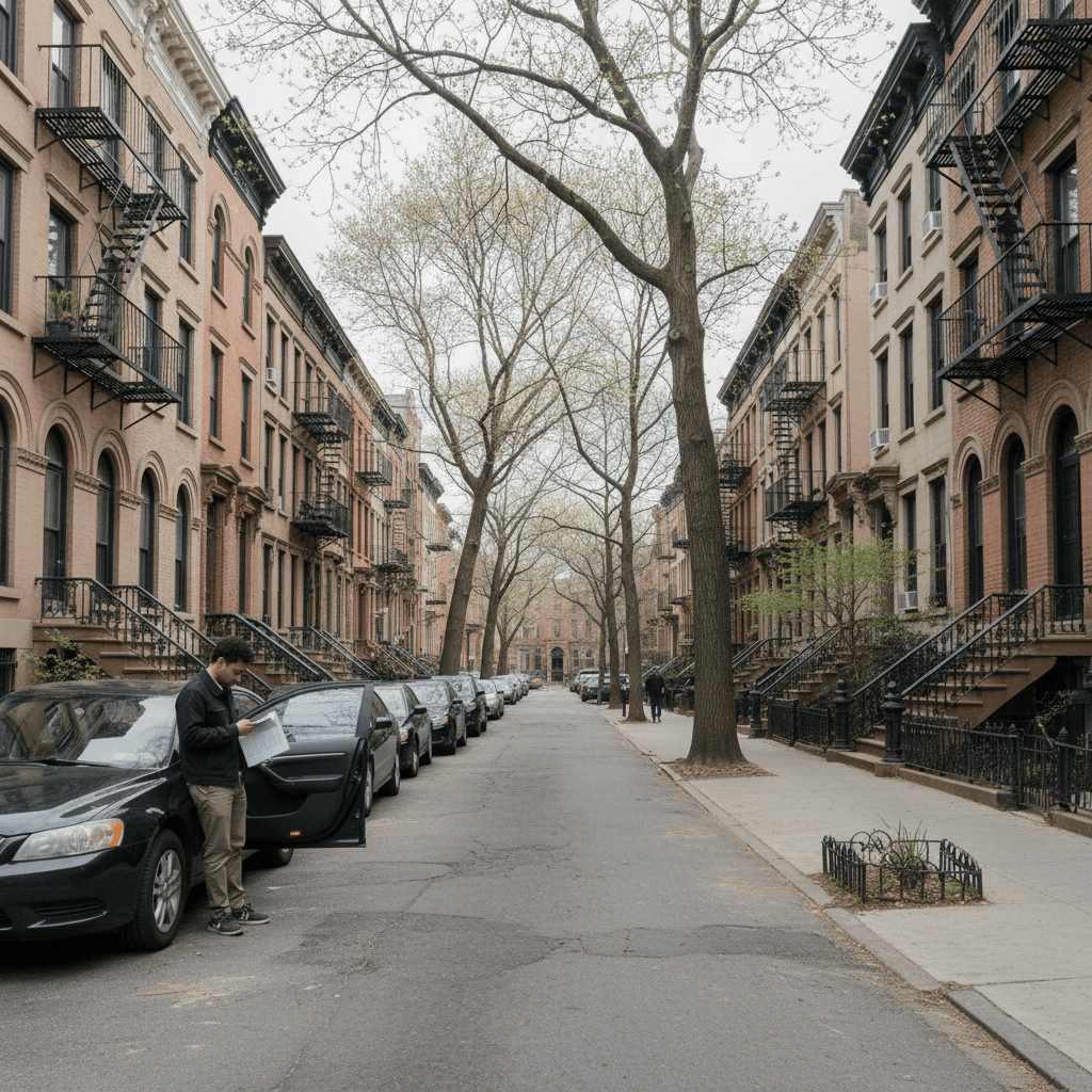Bed-Stuy driver checking insurance quote near parked car on residential block