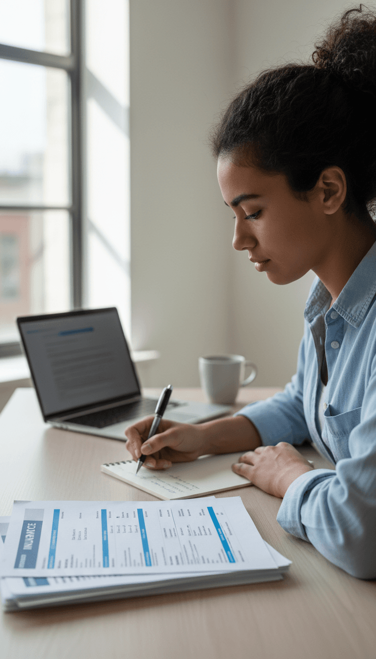Professional reviewing insurance comparison documents at desk