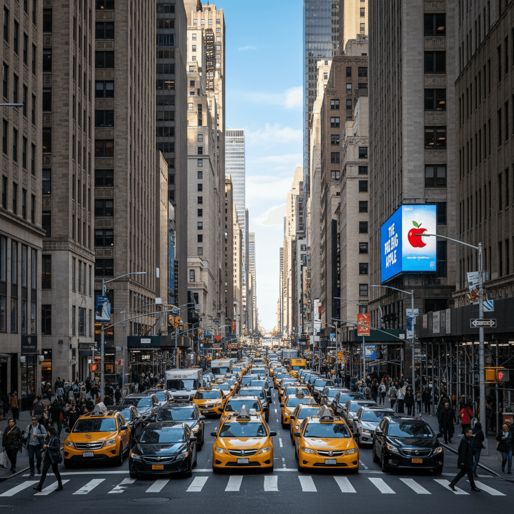 NYC street with heavy traffic and yellow cabs