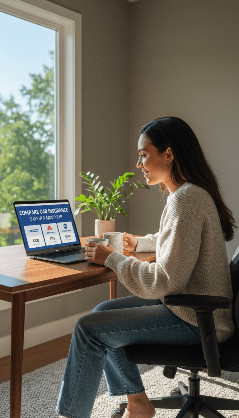 Person researching and comparing car insurance options on a computer
