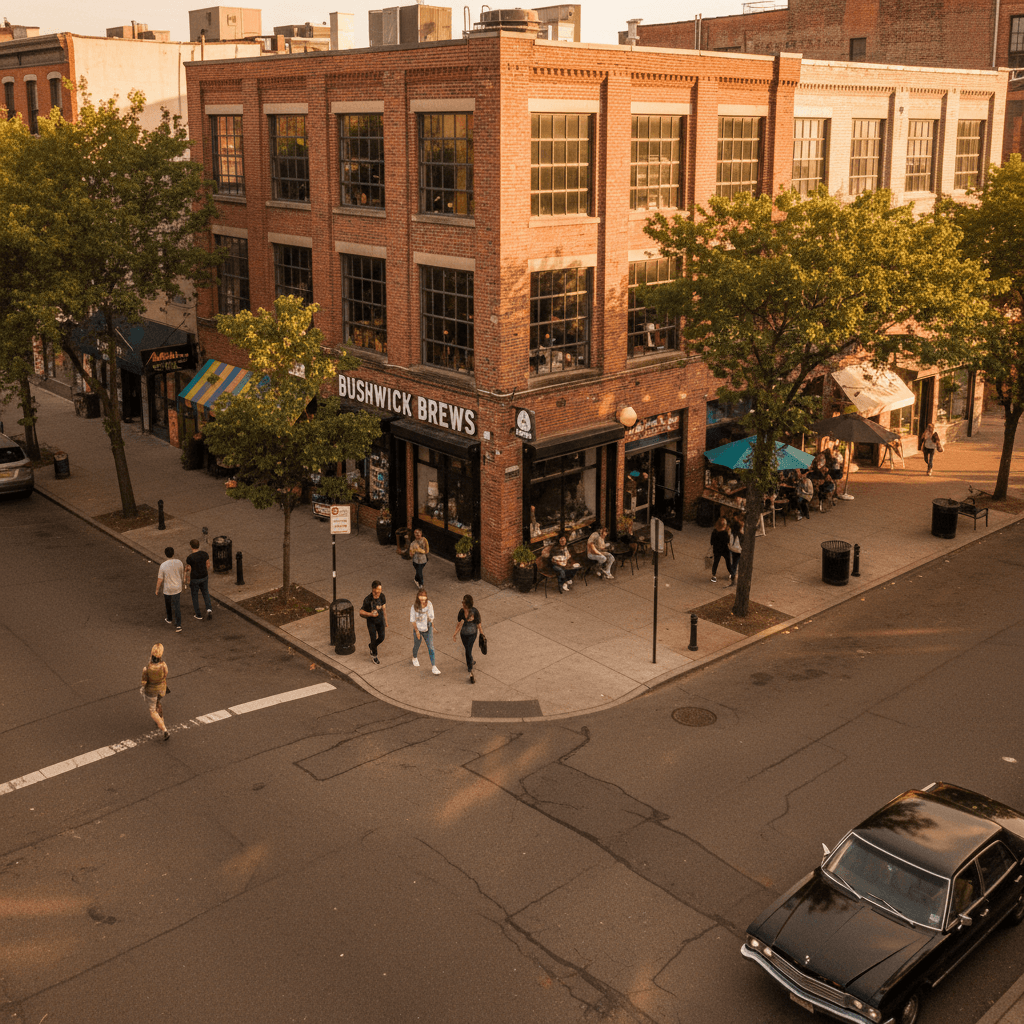 Bushwick Brooklyn street with parked car and local storefronts