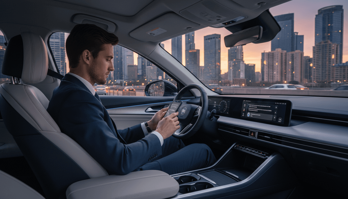 Driver comparing car insurance quotes on mobile phone in vehicle
